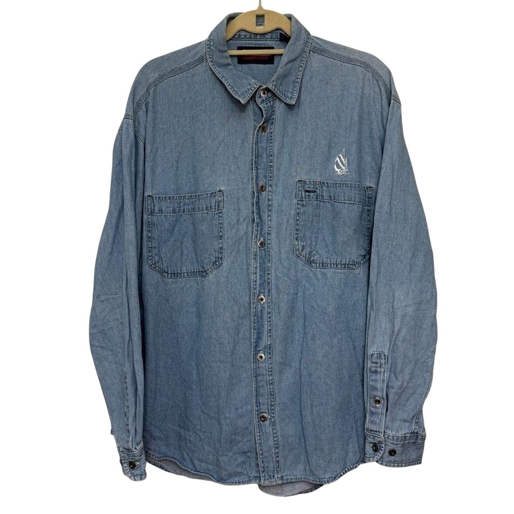 Vintage Nautica Men Denim Button Up Longsleeve Shirt Large Sailboat‎ Embroidered
